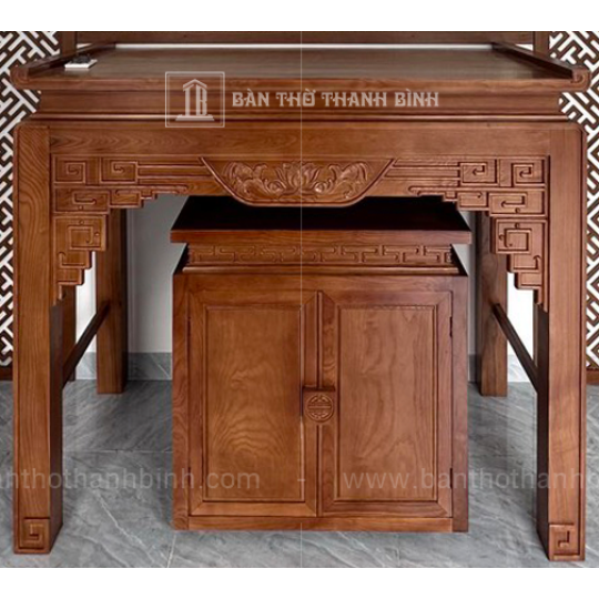 Bàn Thờ Gia Tiên Gỗ Sồi Chạm Sen (Có Tủ Cơm)